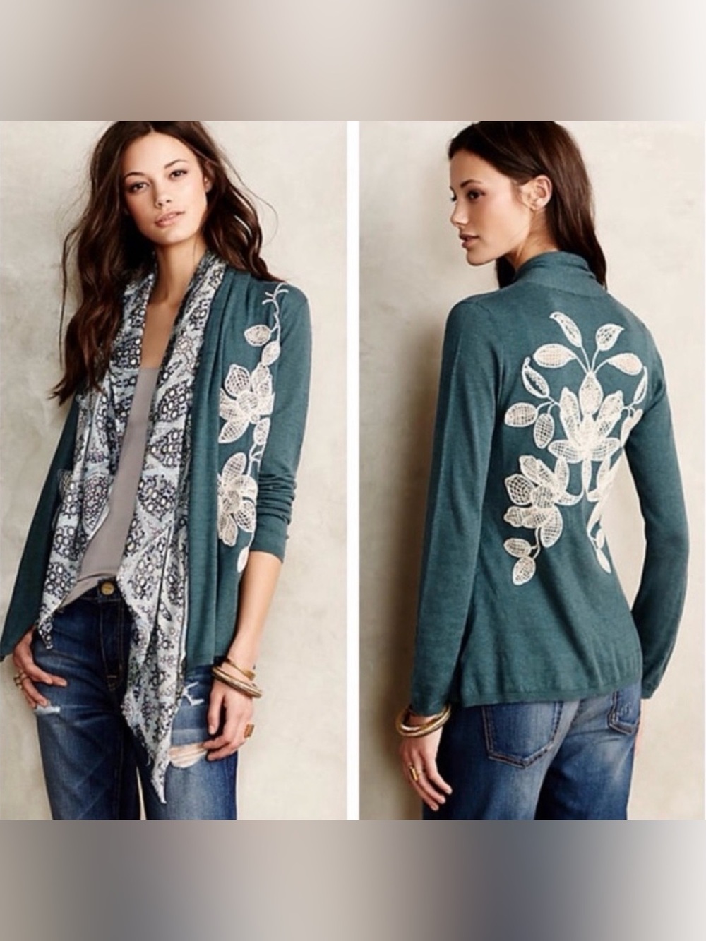 Anthropologie Knitted & Knotted Morning Petals Embroidered Open Cardigan, Large